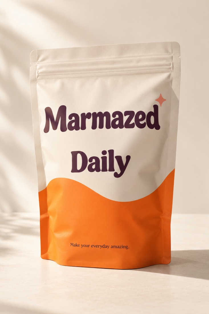 Marmazed Daily concept: a cream and orange resealable pouch